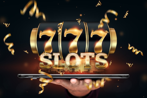 Online casino, smartphone with slot machine with jackpot and gold coins. Online Slots, Lucky Seven 777, Dark Gold Style. Luck concept, gambling, jackpot, banner.