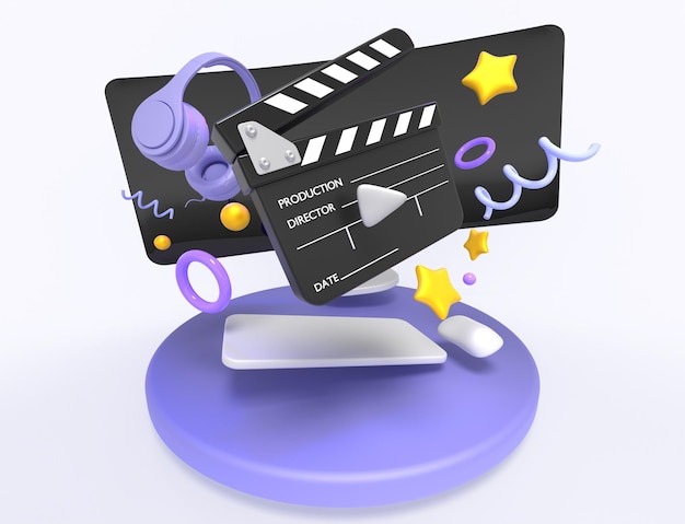 Online cinema banner cartoon video streaming service concept\
for watching movies with computer clapperboard headphones spirals\
stars spheres and rings on white background