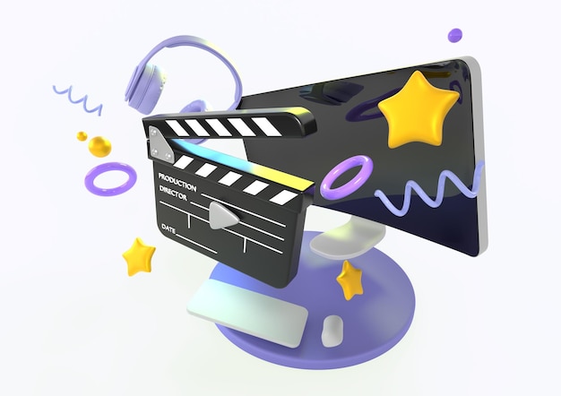 사진 온라인 시네마 만화 배너 컴퓨터 클래퍼보드 이어폰으로 영화를 보기 위한 스트리밍 비디오 서비스는 흰색 배경 각도 보기에서 별 구와 고리를 나선형으로 만듭니다.