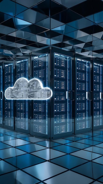 Online cloudgegevensopslagrekconcept in glazen kubus digitale server voor wereldwijde netwerkdatabase