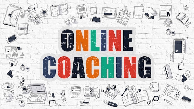 Online coachingsconcept. Moderne lijnstijl illustratie. Multicolor Online Coaching Getrokken op witte bakstenen muur. Doodle pictogrammen. Doodle ontwerpstijl van online coachingconcept.