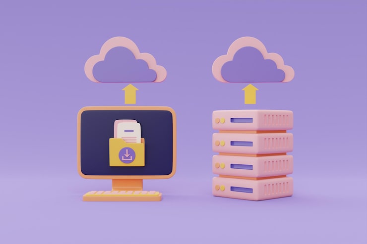 Photo online data storage for business network concept uploading document file data and information on cloud computing technology with computer and server racks 3d rendering