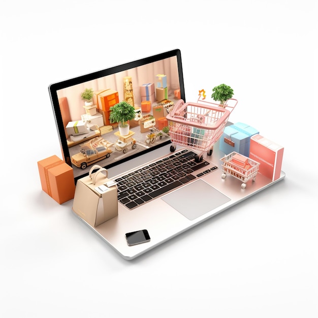 Online delivery banner with realistic laptop parcels clouds and social icons