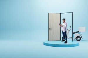 Photo online delivery to door concept casual guy with phone standing next to open door and scooter on blue background with mock up place fast food service concept