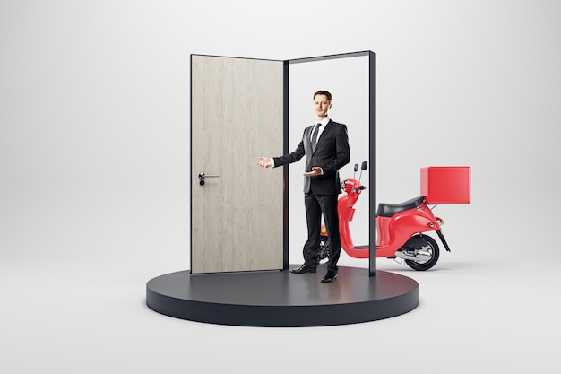 Online delivery to door concept man standing next to open door\
and scooter fast food service concept