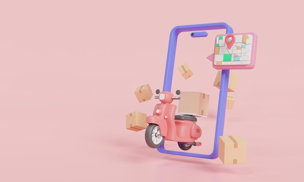 Online delivery express services Scooter with parcel box delivery website application internet ecommerce parcel online order tracking 3d minimal render illustration on pink background