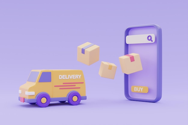 Служба онлайн-доставки на фургоне доставки смартфонов с коробками для посылок на фиолетовом фоне 3d-рендеринга