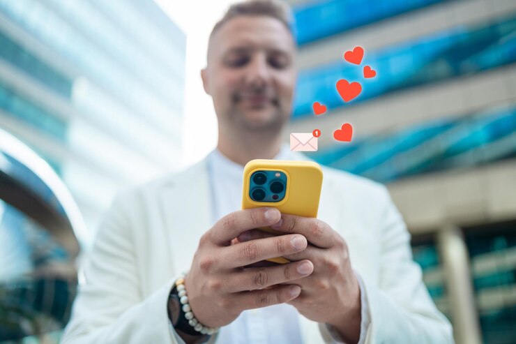 Photo online digital communication connection information with mobile phone man hands using smartphone