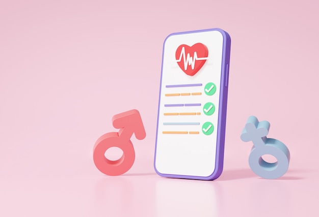 Online doctor medical via mobile concept with female male\
consultation cardiology heartbeat pulse line on pink background\
cartoon minimal banner 3d render illustration