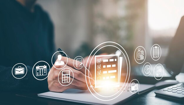 online documentation database and document management system concept businessman using tablet or computerdocument management system and automation software to archiving and efficiently manage