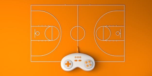 Foto concetto di e-sport online. gamepad con campo da basket. giocatore. gioco. bandiera. illustrazione 3d.