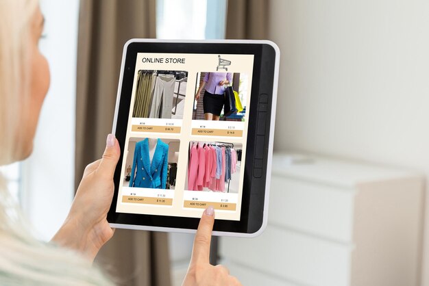 Shopping e-commerce online sullo schermo utilizzando l'app.