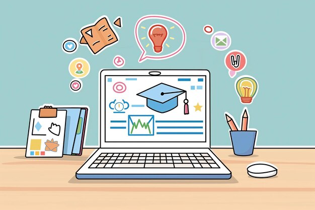 Photo online education concept with laptop books pencils and graduation cap