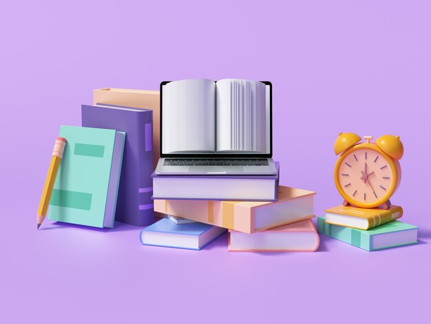 Online education or elearning concept, open books on purple