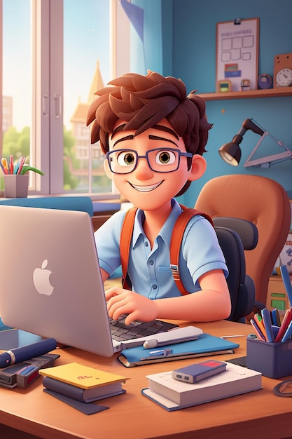 Online education modern vector illustration of happy junior school boy student working at the pc