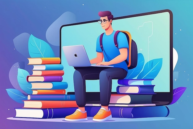 Фото Концепция онлайн-платформы образования человек сидит на стопе книг, чтобы получить доступ к образовательной платформе