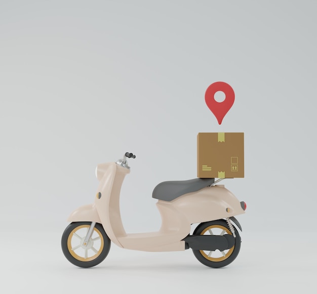 Online express delivery scooter carrying courier parcel box with location tracking service 3D rendering illustration