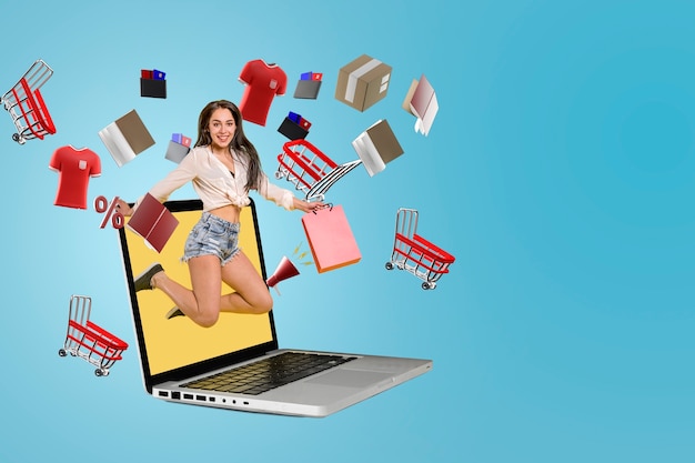 Foto shopping di moda online con il computer portatile