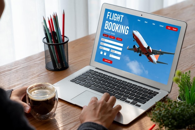 Photo online flight booking website provide modish reservation system travel technology concept
