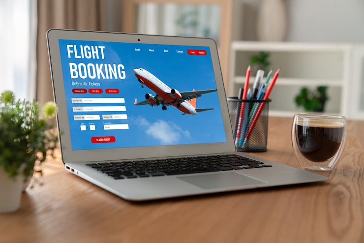 Photo online flight booking website provide modish reservation system travel technology concept