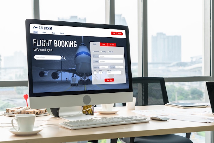 Photo online flight booking website provide modish reservation system travel technology concept