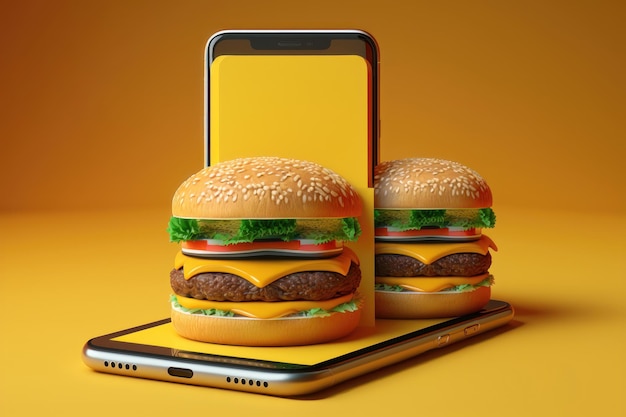 Photo online food delivery hamburgers on smartphone ai generation