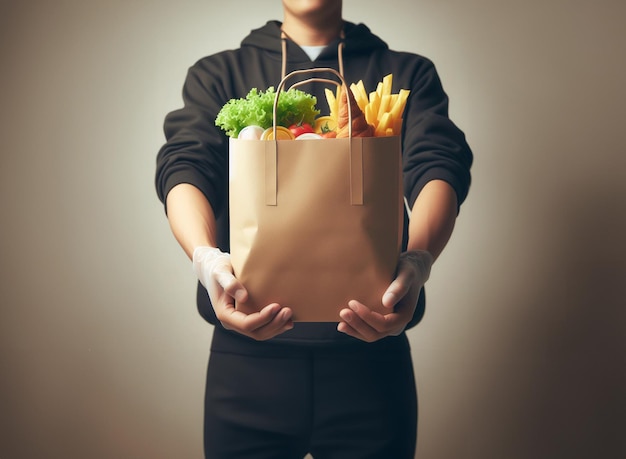 Foto online food order delivery service man personeel levert voedsel in papieren zakken geïsoleerd