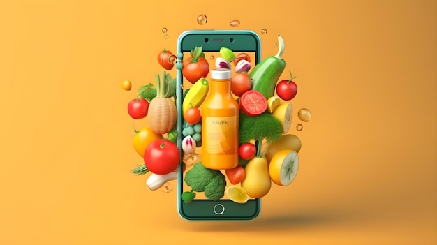 Photo online fruit shop on mobile phone with yellow background