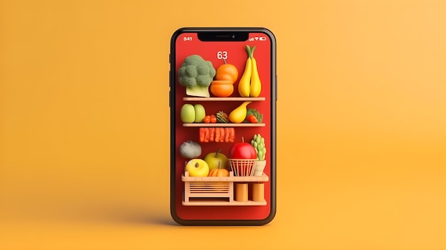 Online fruit shop on mobile phone with yellow background