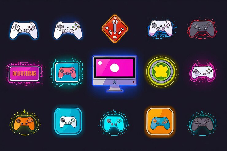 Photo online games signs set videogame gamer with joystick computer console vector illustration for billboards posters banners