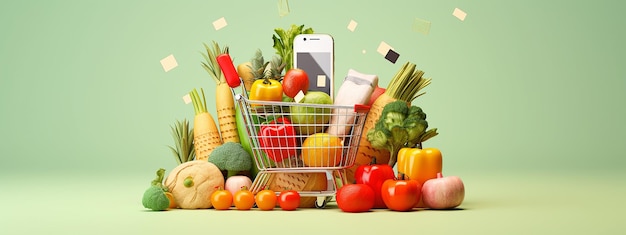 Online grocery shopping app mobile frame and full grocery bag illustrating
