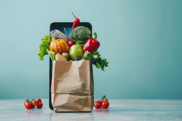 Photo online grocery shopping and home delivery bag full of groceries coming out of a smartphone screen