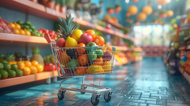 Online grocery shopping with a realistic 3D character using a shopping cart and receipt