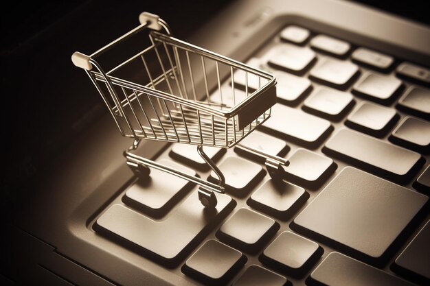 Online handel moderne marketingtechnologie Supermarkt trolley bij laptop toetsenbord Donker