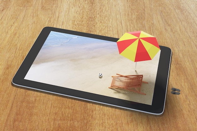디지털 태블릿 선베드와 우산이 있는 온라인 호텔 예약 개념