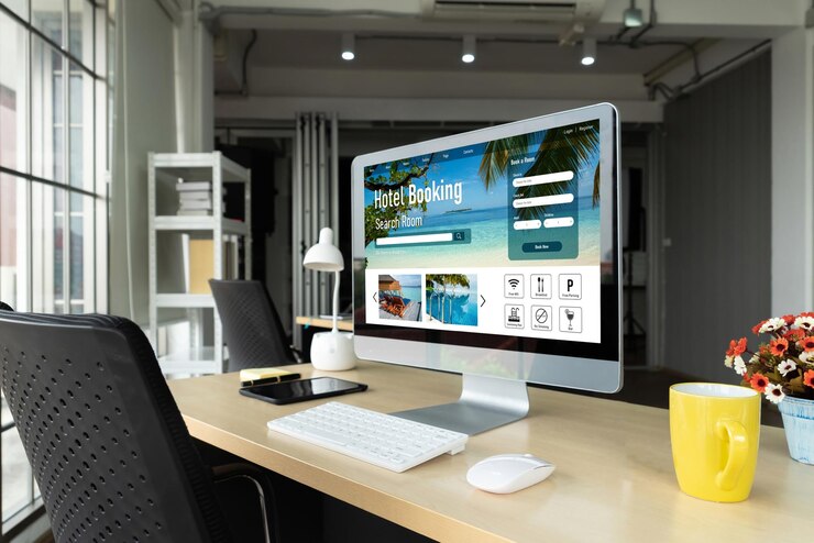 Foto online hotelaccommodatie boekingswebsite bieden modisch reserveringssysteem reistechnologie concept