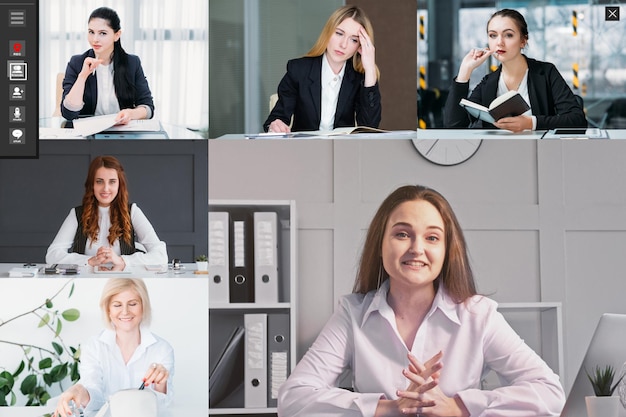 Online interview Videoconferentie Presentatie op afstand Collage van vrouwelijk HR-managerteam dat werknemer rekruteert die vanuit huis werkt in digitaal kantoor op scherm