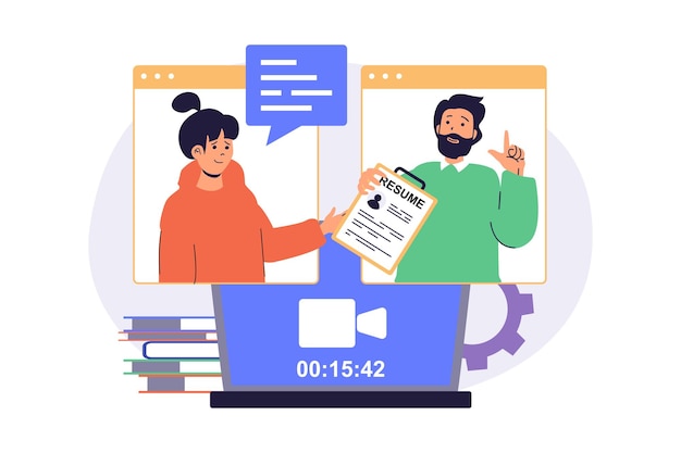 Онлайн-интервью на работу веб-концепция с плоскими мультфильмами люди для дизайна веб-сайта Мужчина и женщина разговаривают на собеседовании с кандидатом по видеозвонку агент HR ищет сотрудников для персонала Векторная иллюстрация