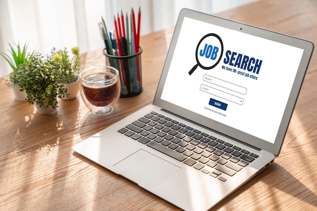 Photo online job search on modish website for worker to search for job opportunities on the recruitment internet network