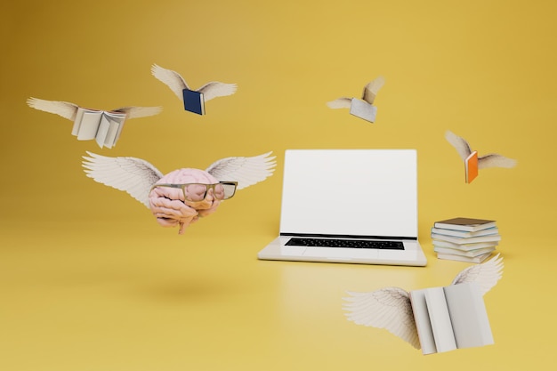 Online learning concept a brain with glasses and books with wings flying around a laptop 3d render