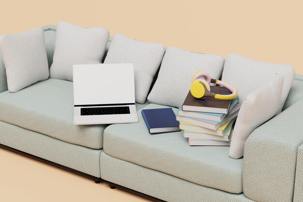 Photo online learning concept laptop books and headphones on the sofa 3d render