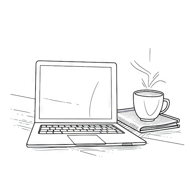 Photo online learning essentials laptop book and coffee cup in a continuous line drawing