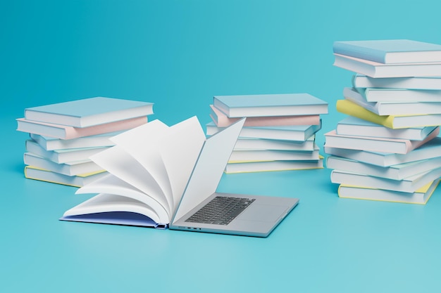 Онлайн-обучение в школе или университете, стопки книг и открытая книга с 3D-рендерингом ноутбука