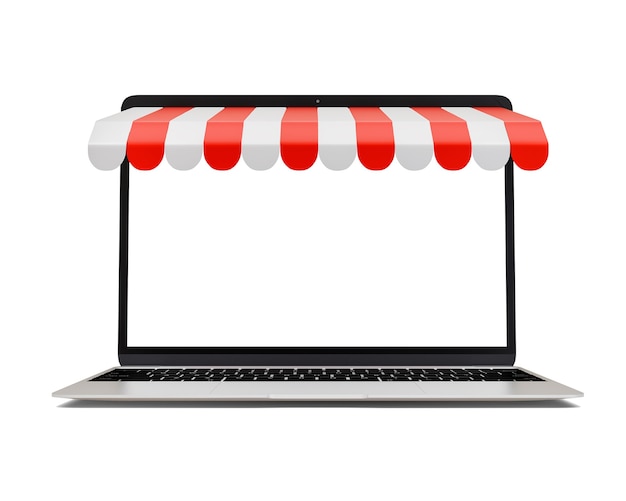 Marketing in linea e idee di business di e-commerce su laptop isolato