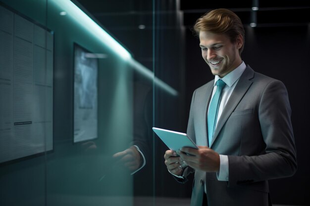 Photo online marketing successful businessman is checking his ebusiness on his tablet in office