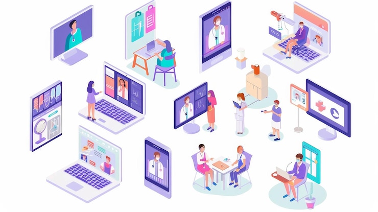 Photo online medicine elements set with patients getting video consultation 3d isometric isolated illustra