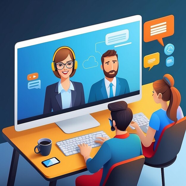 Photo online meeting virtual conference video call briefing teamwork concept 3d realistic vector illustration