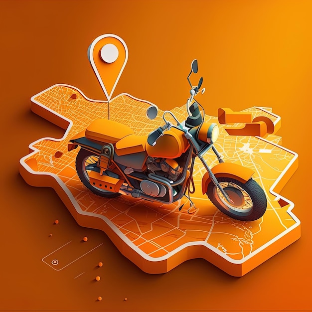 Online mobile application motorbike ordering service Orange motorbike driving along the route to the marker on a smart phone on a city map motorbike navigation systems concept Generative AI