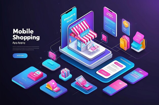 Photo online mobile shopping app webpage vector template with isometric illustration