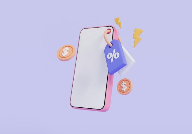 Online mobile shopping tag price tag with thunder bolt icon and coins Discount offer online shopping online sale special offer promotion discount coupon Promotion concept 3d render illustration